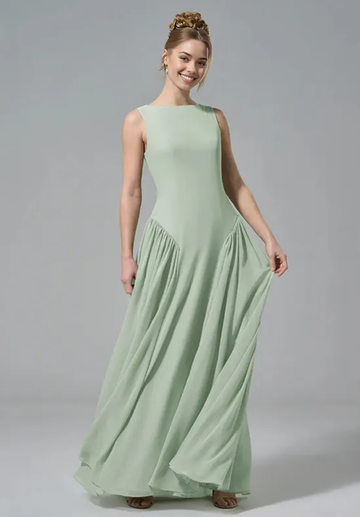 Elegant A-Line Boat Neck Sleeveless Open Back Floor-Length Bridesmaid Dresses Party Wedding Guest Dresses