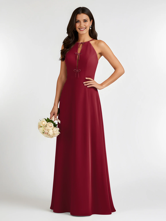 Halter Neck Chiffon Bridesmaid Dress with Bow Keyhole Detail