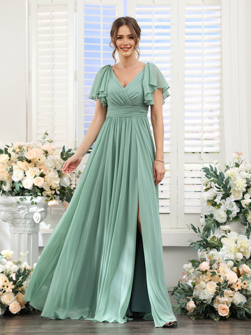 A-Line Chiffon V-Neck Short Sleeves Wedding Guest Bridesmaid Dresses with Split Side & Pockets