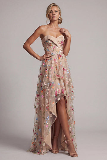 Vedress nude tulle 3D floral embroidered strapless corset high low maxi wedding guest dress front view