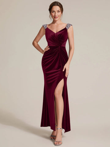 Vedress burgundy velvet sweetheart neck beaded‑strap mermaid mother of the bride dress front view with high leg slit