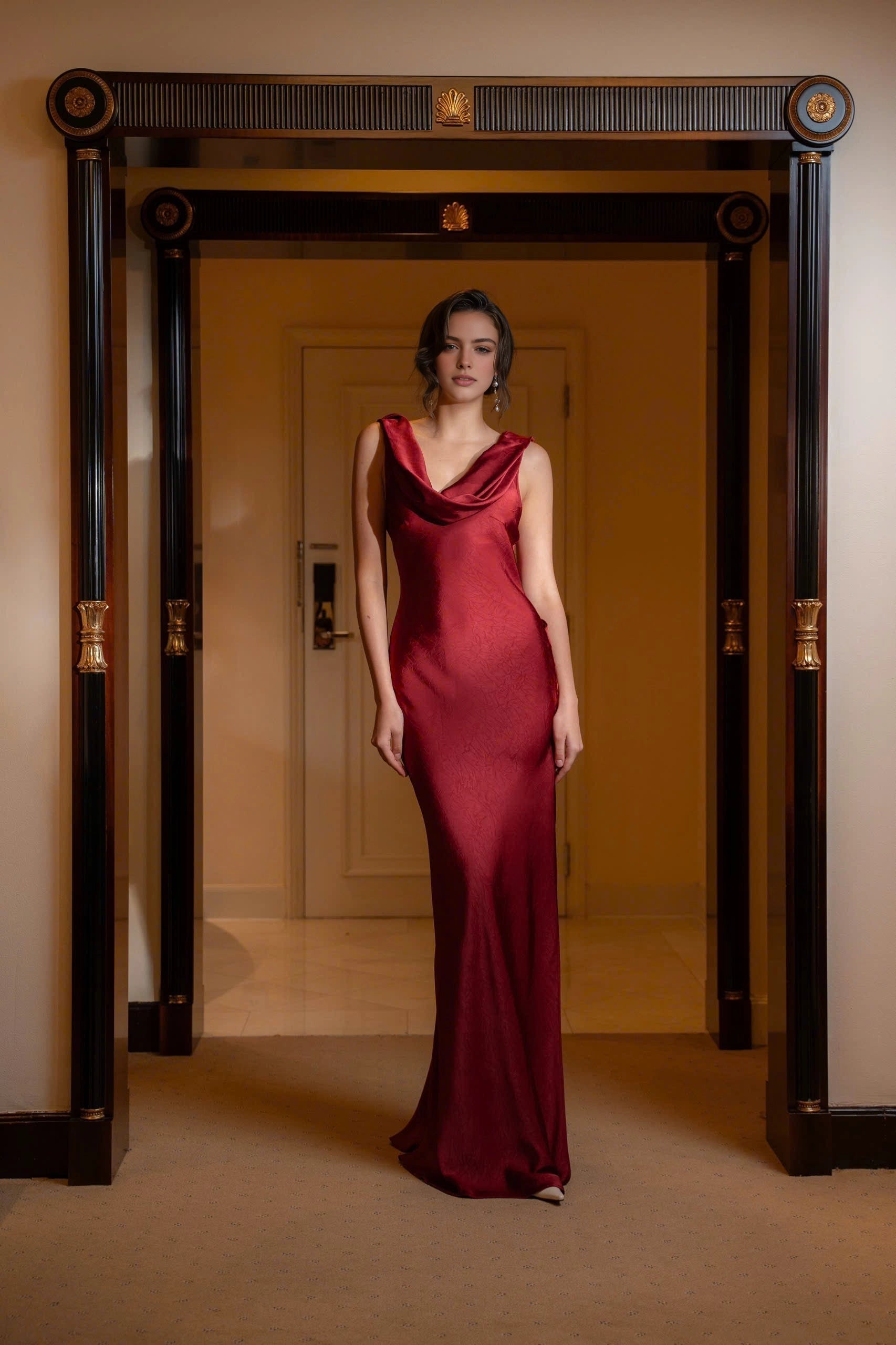 Vedress deep burgundy textured satin draped cowl neck sheath long prom dress front‑view