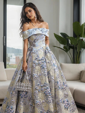 Vedress blue gold 3d floral off shoulder a line prom dress front view bright indoor living room