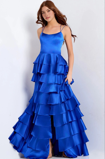 Glamoroso vestido de gala escalonado, escote redondo, tirantes finos, espalda con cordones, largo hasta el suelo, para baile de graduación