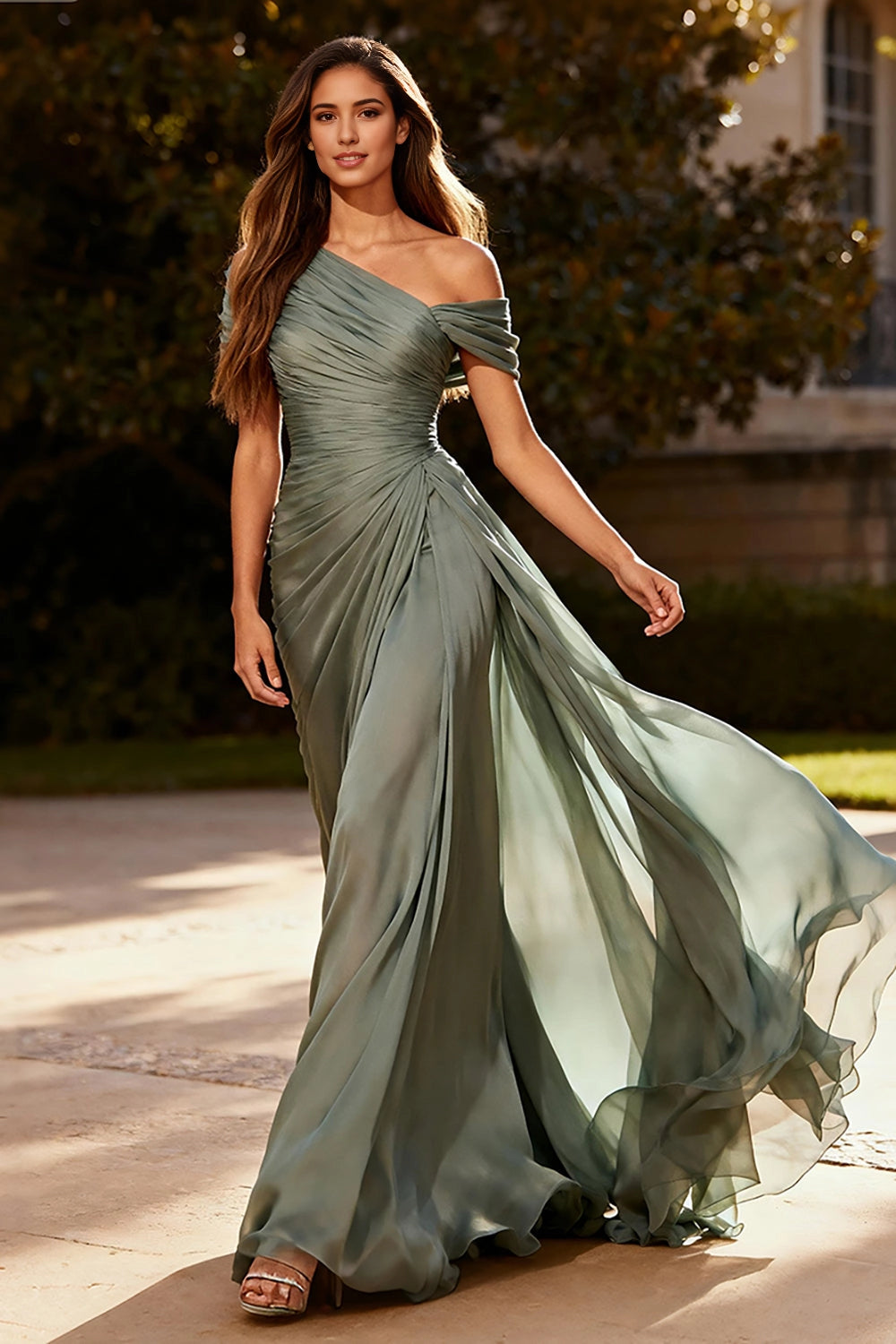 Vedress sage green chiffon one shoulder maxi wedding guest dress manor outdoor shoot