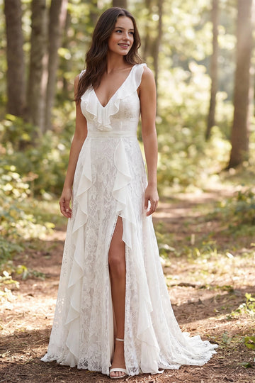 Vedress ruffle lace a-line wedding dress plunge v neck sleeveless high slit woodland forest bridal gown