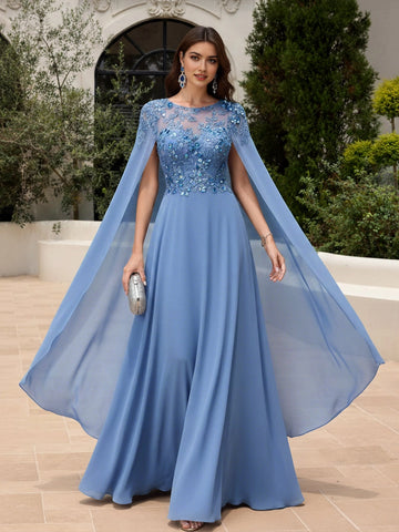 Vedress sky blue beaded lace cape sleeve a‑line floor‑length mother of the bride prom dress front view
