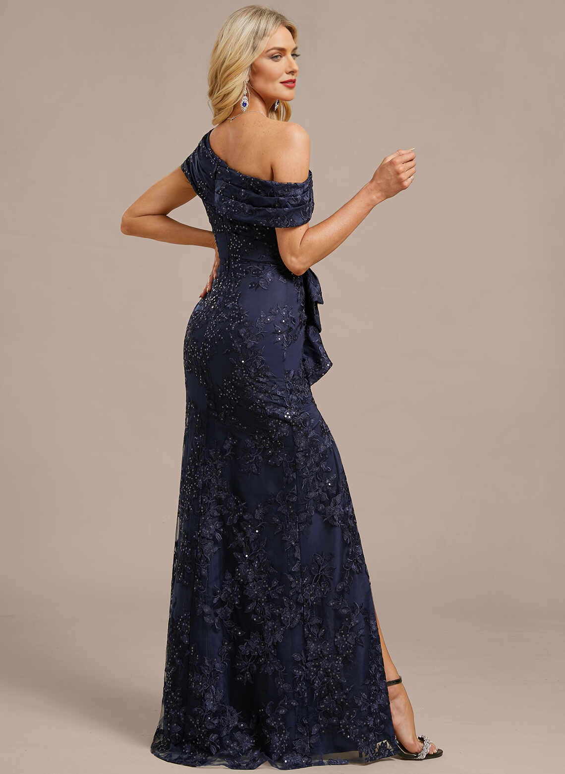 Vedress Fitted Lace Zipper‑Back High‑Slit Floor‑Length Evening Gown Back View