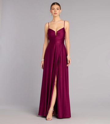 Vedress burgundy stretch long prom gown sweetheart spaghetti strap wrap front slit front view