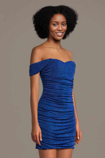 Vedress Royal Blue Glitter Off Shoulder Ruched Mini Homecoming Dress Front View
