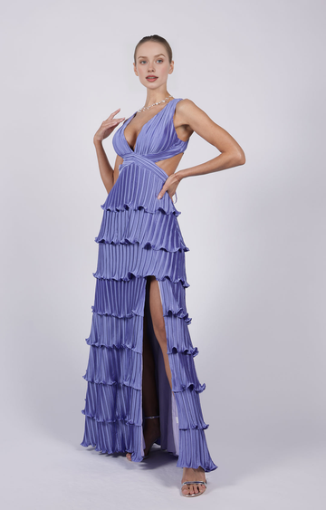 Glamorous Tiered A-Line Deep V-Neck Sleeveless Open Back Floor-Length Evening Gown