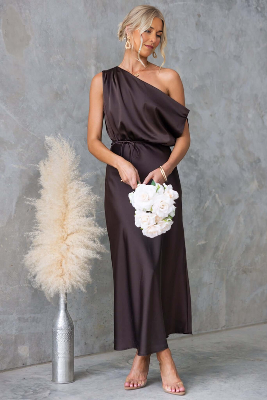 Women's Elegant One-Shoulder Satin Maxi Dress Coctail Bridesmaid Dresses with Side Draping and Waist Tie Detail