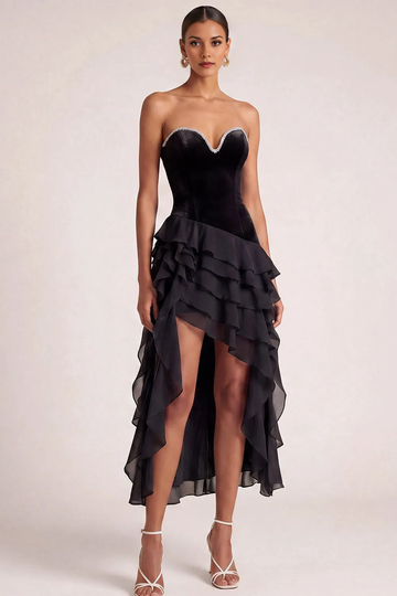 Strapless Rhinestone Sweetheart Velvet High Low Ruffle Chiffon Formal Prom Dress