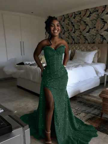 Glamorous Mermaid Sweetheart Strapless Lace-Up Back Floor-Length Sparkly Prom Dress