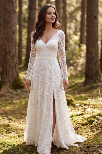 Vedress full lace a-line wedding dress deep v long sleeve high slit woodland forest bridal gown