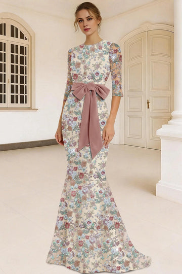 Vedress floral embroidered sequin mermaid dress front view round neck velvet waist bow 3/4 sleeves