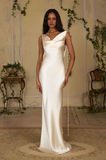 Vedress ivory satin cowl neck sheath prom dress front full‑length shot