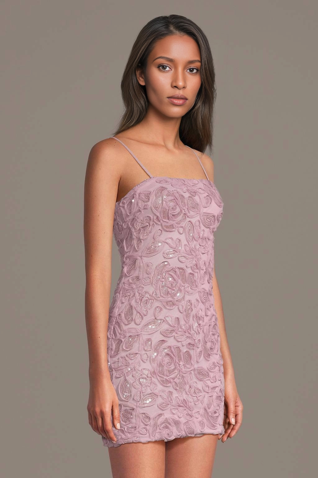 Roselle Dress dusty pink 3d floral spaghetti strap mini homecoming dress front view
