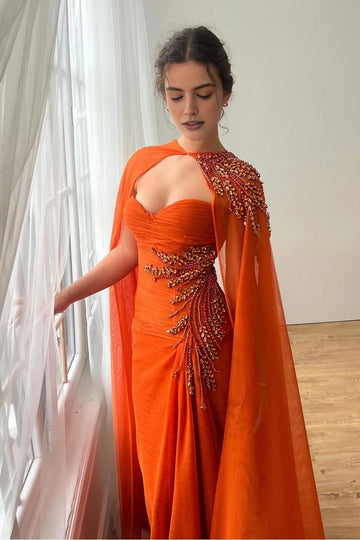 Vedress orange chiffon sweetheart cape sleeve hand‑sewn beaded mermaid long evening prom dress