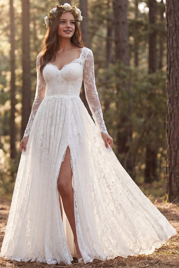 Vedress long sleeve lace a-line wedding dress sweetheart neck high slit woodland forest bridal gown