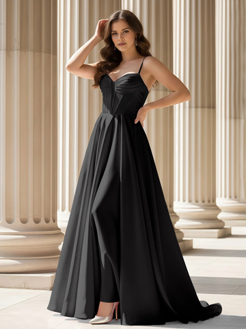 Vestido de Noche de Satén Acampanado con Corpiño Corsé de Tirantes y Cola - Vestido Formal para Fiesta de Graduación e Invitada de Boda