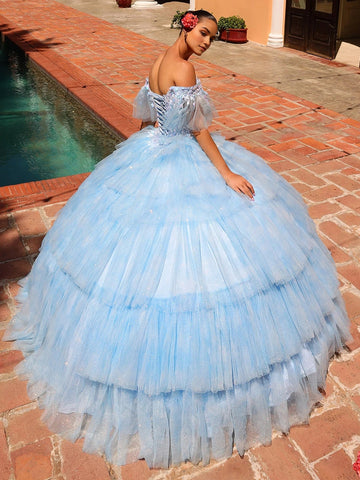 Vedress light blue quinceanera dress off-shoulder lace-up corset back multi-layer cake glitter tulle ballgown back view