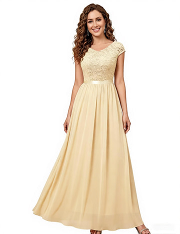 Lace & Chiffon Bridesmaid Dress - V-Neck Cap Sleeve Long Formal Gown for Wedding Guest, Evening Party, Prom
