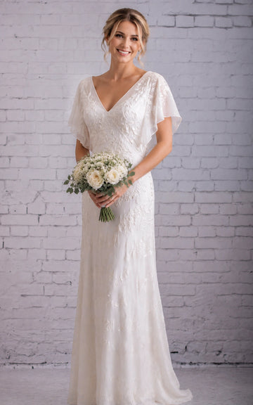 Vedress soft floral embroidery v neck flutter sleeve a line floor length modest wedding dress studio front shot