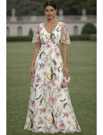 V-Neck Short Flutter Sleeve Floral Embroidered Tulle A-Line Floor-Length Evening Dress