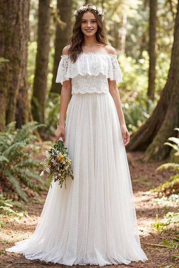 Vedress off shoulder ruffle lace polka dot tulle a-line wedding dress woodland forest bridal gown
