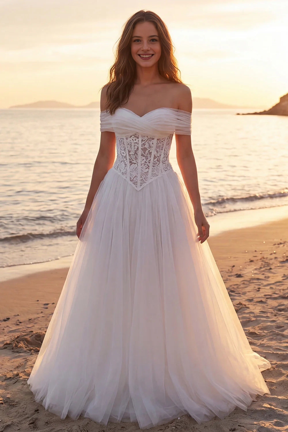 Vedress Off Shoulder Lace Corset A-Line Tulle Wedding Dress Zipper Back Beach Bridal Gown – VEDRESS