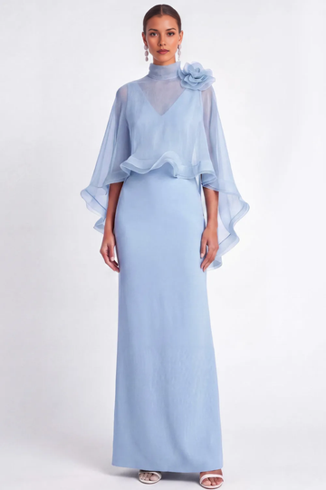 High Neck 3D Flower Cape Chiffon Mermaid Maxi Formal Evening Dress