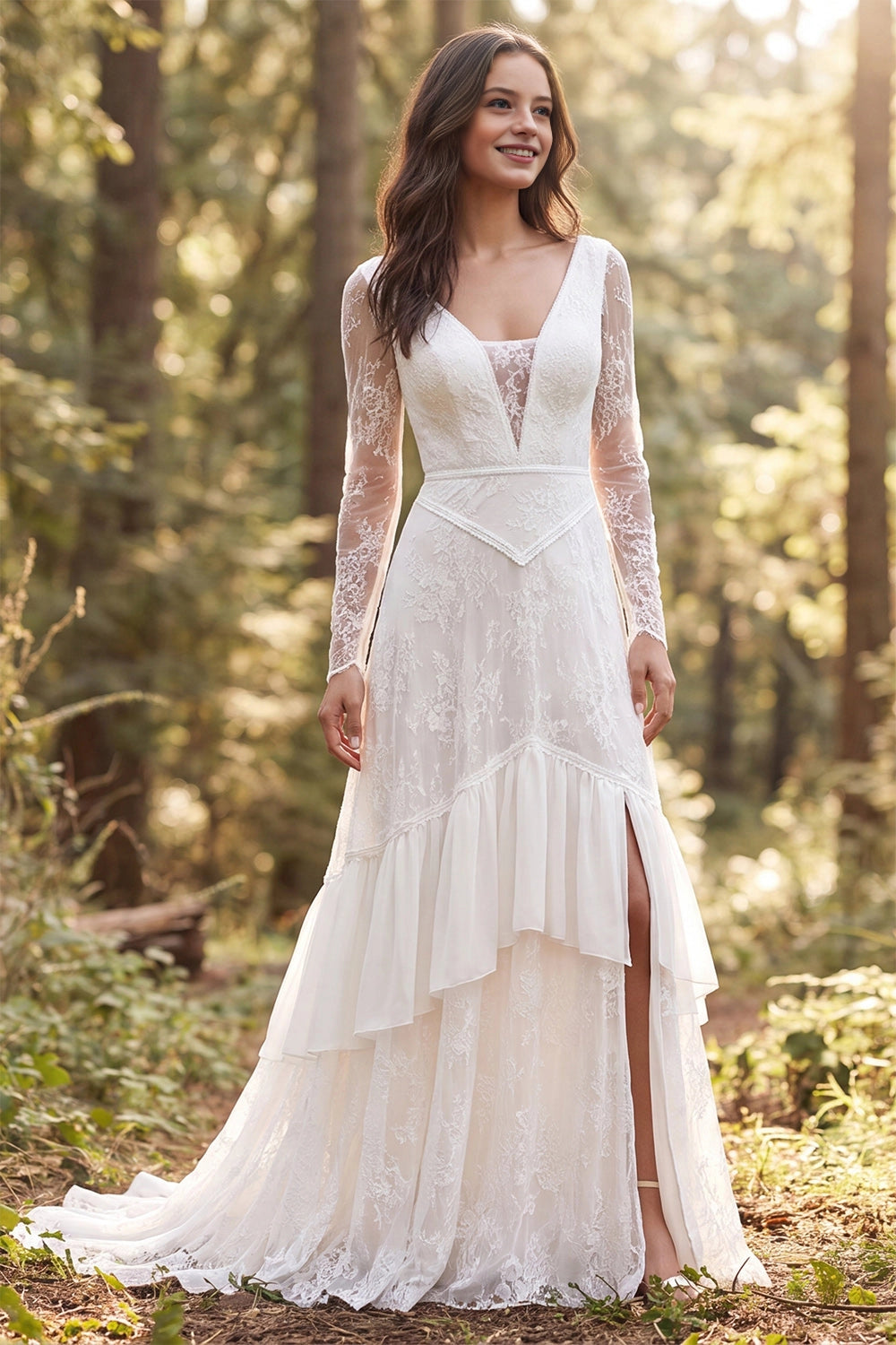 Vedress floral lace a-line wedding dress deep v long sleeve ruffle skirt woodland bridal gown