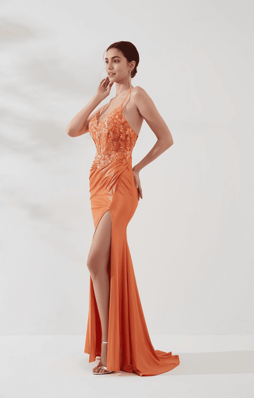 Elegante Vestido de Fiesta Largo de Noche con Cola de Sirena, Escote en V, Tirantes Finos, Encaje y Abertura