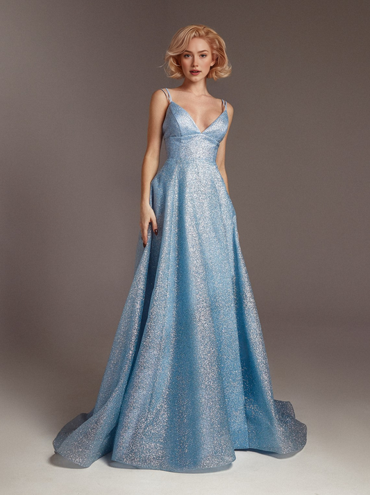 Women's V-Neck A-Line Princess Spaghetti Strap Sequin Ball Gown for Evening Formal Wedding Panel Waist Sparkle Prom Dress