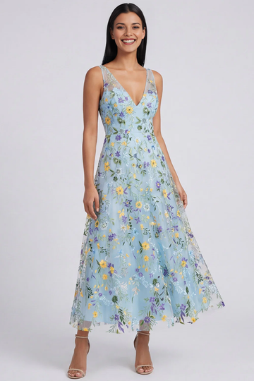Deep V Neck Sleeveless 3D Wildflower Embroidery Mesh Tulle Midi A-Line Formal Party Dress