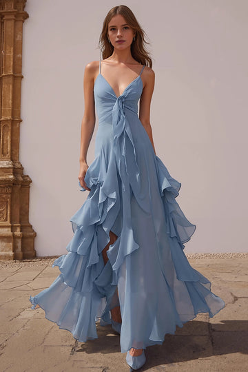 Vedress dusty blue chiffon v neck tie front ruffle slit maxi wedding guest dress front view