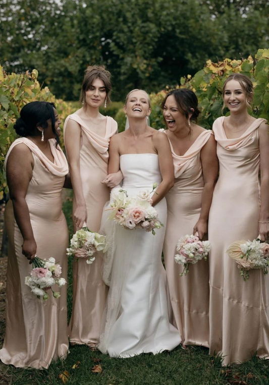 Elegant Mermaid Cowl Neck Satin Charmeuse Long Bridesmaid Dress with Open Back Party Wedding Guest Dresses