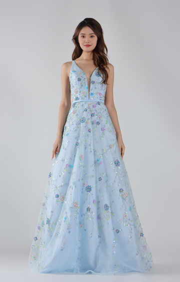 Vestidos de Noche con Cuello en V, Tirantes Finos, Espalda con Cordones, Lentejuelas Florales y Largo hasta el Suelo con Corte en A