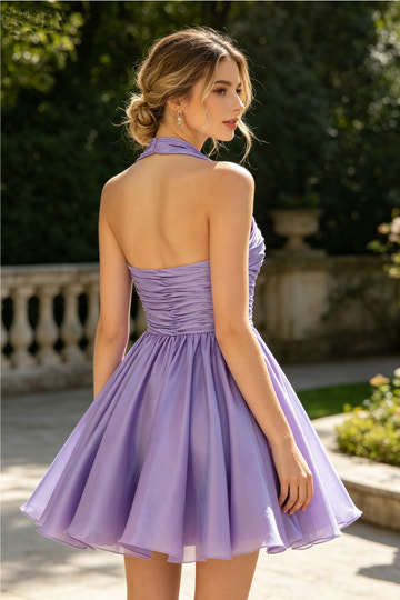 Flirty A-line Halter Sleeveless Iridescent Mini Ruched Homecoming Dress