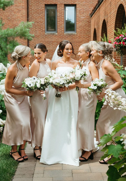 Charming A Line Champagne Tea Length Bridesmaid Dress Elegant Satin Evening Gown with Sleeveless High Neck