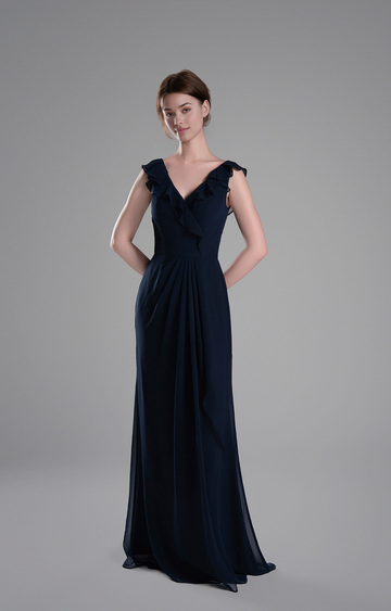 Elegant A-Line V-Neck Ruffled Cap Sleeve Open Back Floor-Length Bridesmaid Dresses