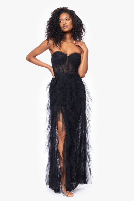 Women's Strapless Corset Bodice Gown with Layered Tulle Skirt and High Slit Evening Gown