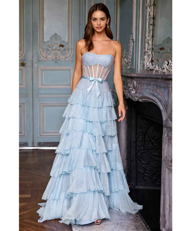 A-Line Princess Ball gown Elegant Tiered Strapless Sleeveless Corset Back Maxi Evening Gown