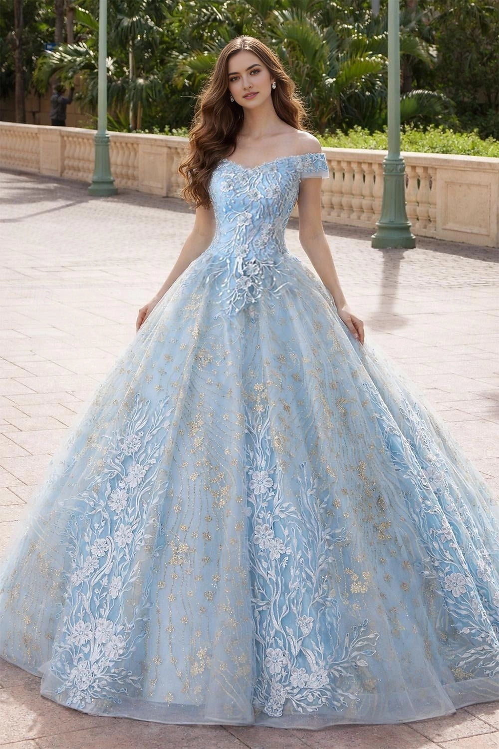 Vedress pastel light blue 3D floral embroidery off shoulder ballgown prom dress outdoor garden front view