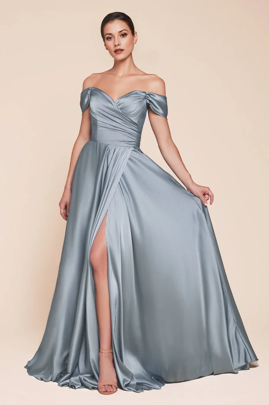 Off-the-Shoulder Satin A-Line Evening Gown with High Slit - Formal Prom & Bridesmaid Dress