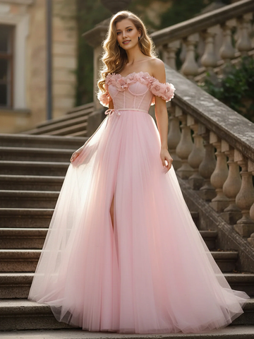 Vestido de fiesta de tul con flores en 3D y escote Bardot con abertura alta - Vestido formal rosa empolvado para invitadas de boda