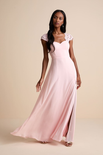 Elegant Backless Spaghetti Strap Sweetheart Slit Maxi Dress with Lace Trim Chiffon Backless Bridesmaid Dresses