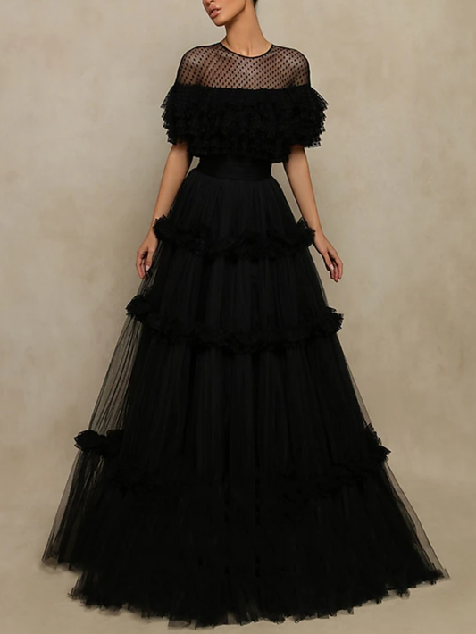 A-Line Princess Prom Dresses Elegant Short Sleeve Jewel Neck Formal Tulle with Pleats Ruffles