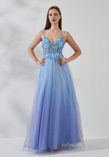Romantic Glitter Tulle Spaghetti Straps V Neck Floor-length Prom Dress A-line Open Back Gown